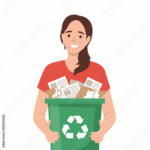 Woman Recycling Paper Waste in Green Bin.