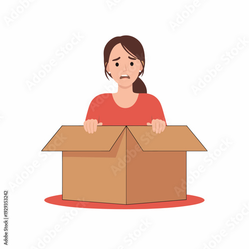 Woman surprised inside cardboard box shocked expression.