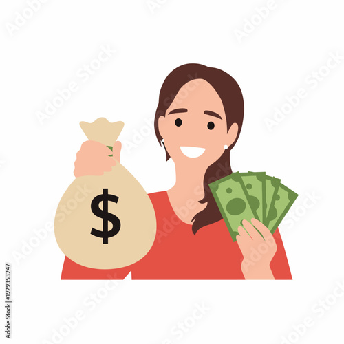 Woman holding money bag and cash financial success.