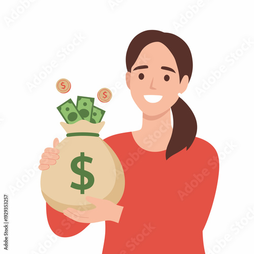 Woman holding money bag with cash wealth and savings.