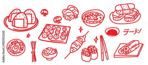 Hand drawn Asian food. Different Japanese meals