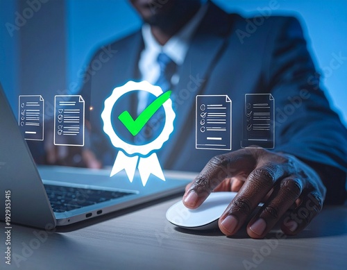 Businessman verifying documents on laptop with approval badge