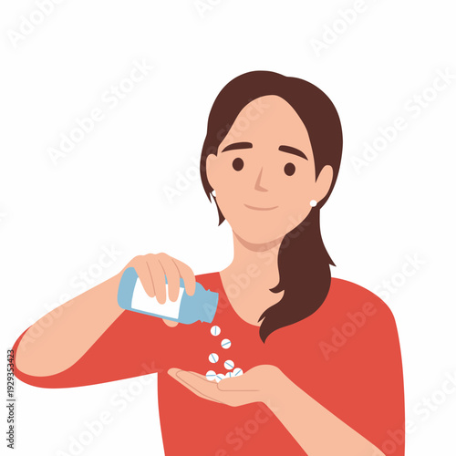 Woman taking medication from bottle.