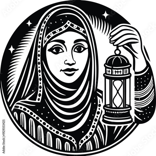 Vector illustration of woman in hijab holding lantern