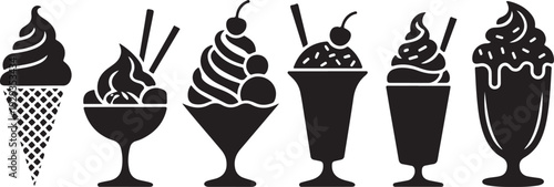 Set of black ice cream silhouettes in cones and cups with cherries and sprinkles perfect for summer treats