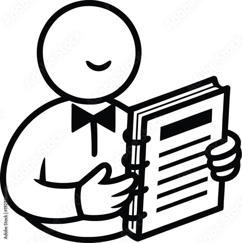 Smiling cartoon character reading a book with a bow tie on  simple line drawing