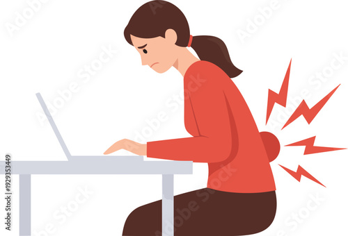 Woman suffering back pain while working on laptop.