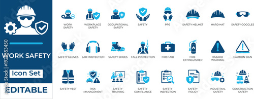 Work safety and occupational health vector icon set. Includes PPE, hard hat, safety vest, first aid, and compliance symbols. Editable flat design for industrial hazards.