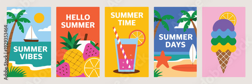 Vibrant summer posters with beach scenes, tropical fruits, and refreshing drinks ideal for vacation vibes