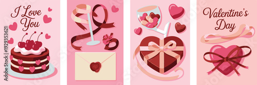 Valentine day greeting cards with love symbols like cake hearts and gifts celebrating romantic feelings and sweet moments together
