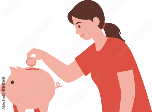 Woman Saving Money in Pink Piggy Bank.