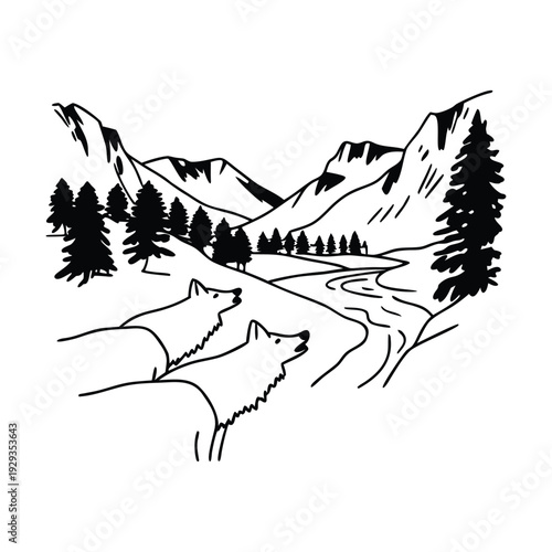 Vector illustration of two wolves howling at snowy mountain landscape