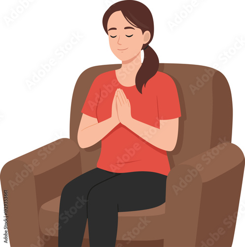 Woman meditating on armchair relaxation mindfulness.