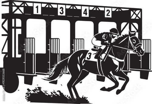Horse racing start gate with jockey and horse illustration, black silhouette