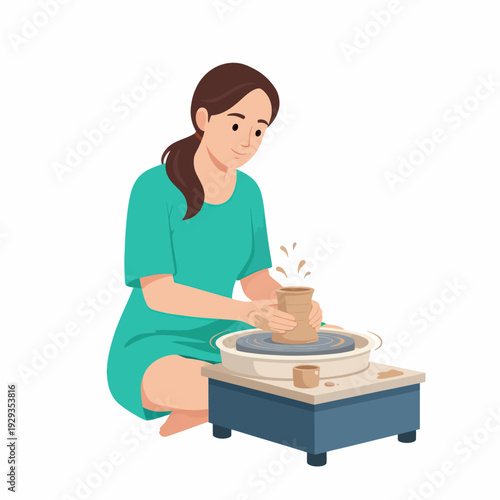 Woman crafting pottery on pottery wheel.