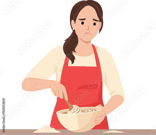 Unhappy woman cooking in red apron frustration disappointed chef.
