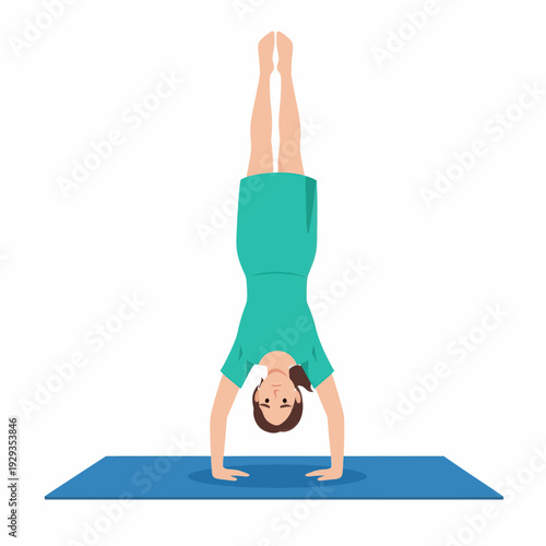 Woman doing handstand on yoga mat.