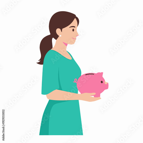 Woman holding pink piggy bank saving money.