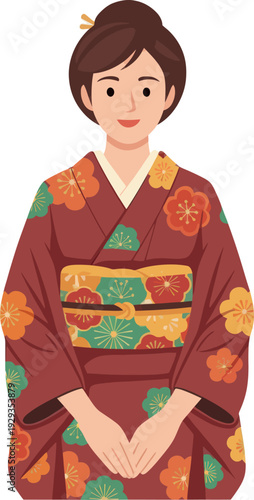 Woman in traditional Japanese kimono geisha smiling.