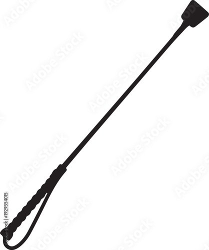 Riding crop illustration, black silhouette, long handle, equestrian gear, vector