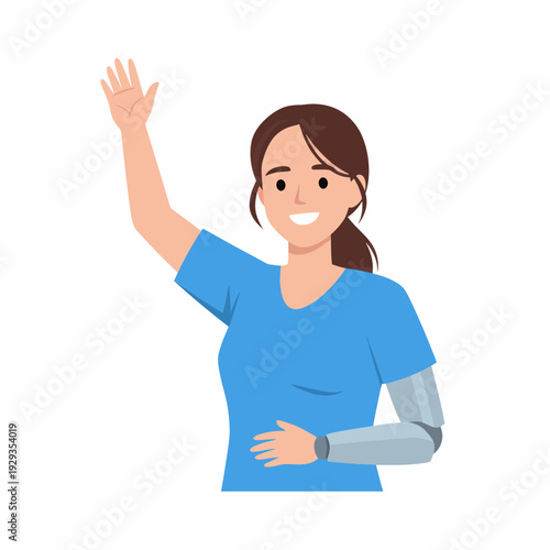 Woman waving hand smiling blue shirt.