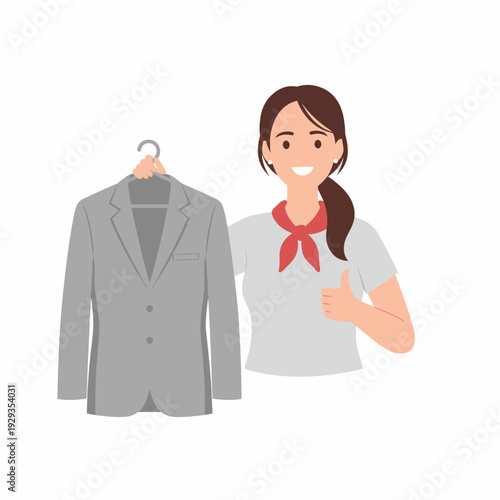 Woman approving grey suit satisfied customer business clothing.
