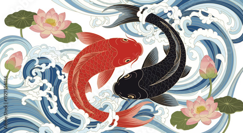 Yin Yang Koi Fish Swimming Lotus Flowers Water Waves