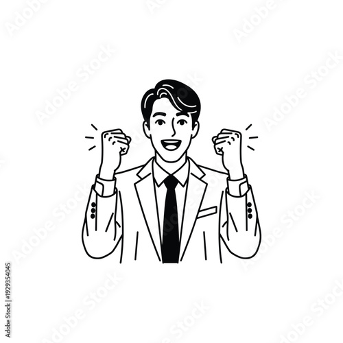 A businessman celebrating success with a triumphant gesture and joyful expression