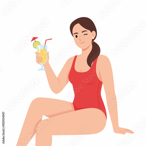 Woman enjoying cocktail in red swimsuit.
