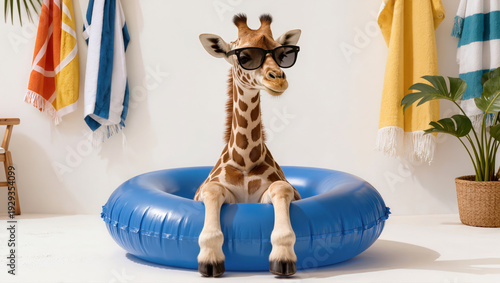 Stylish giraffe wearing sunglasses relaxing in blue inflatable ring with colorful beach towels in playful summer concept