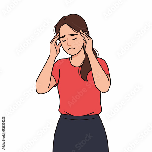 Stressed woman with headache frustrated female character.