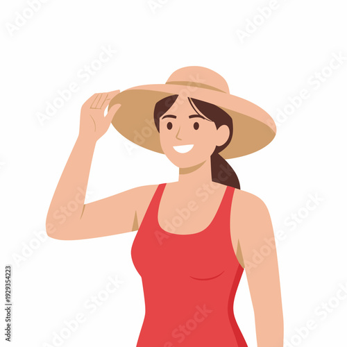 Woman in red swimsuit and sun hat.