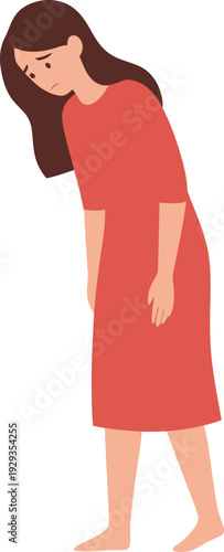 Sad woman in red dress looking down.