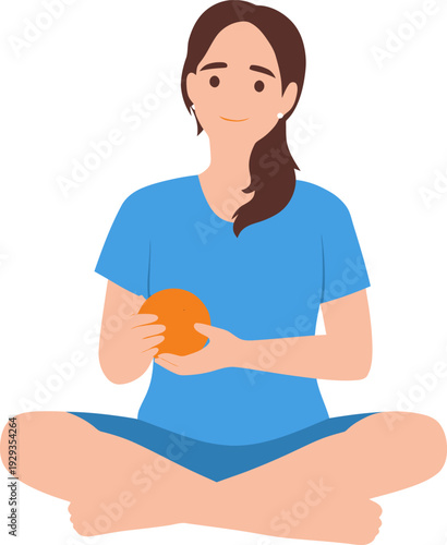 Woman meditating with orange on white background.