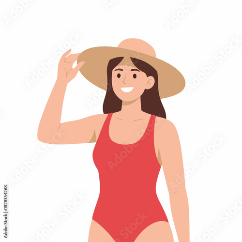 Woman in red swimsuit and hat on white background.