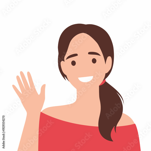 smiling woman waving hand female greeting gesture.