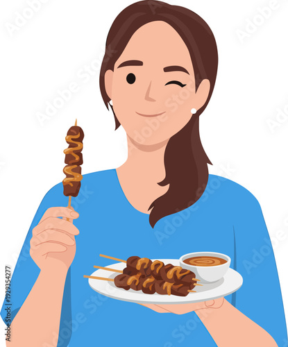 Woman eating satay skewers with dipping sauce.