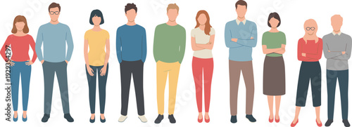 Ten diverse individuals standing side by side in casual and semi-casual clothing representing community, teamwork, demographics, fashion, and social diversity
