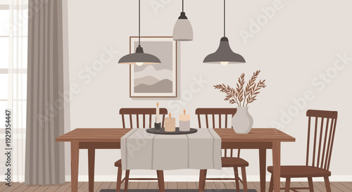 Modern minimalist dining room with wooden table and chairs.