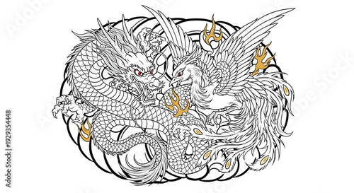 Mythical Dragon and Phoenix Fighting Clash, Traditional Asian Art Style Illustration