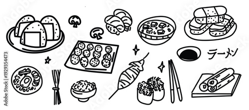 Hand drawn Asian food. Different Japanese meals