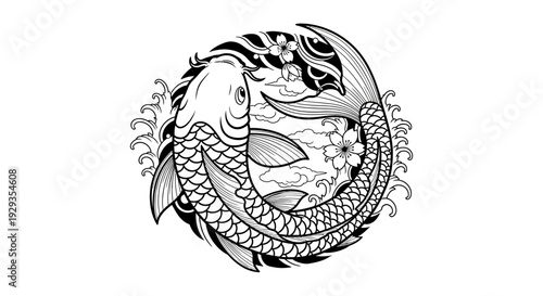 Yin Yang Koi Fish Symbol, Black and White Drawing, Zen, Harmony, Nature