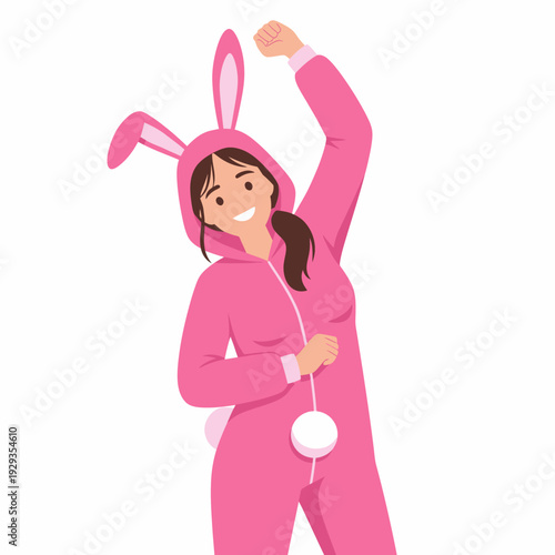 Woman in pink bunny costume dancing.