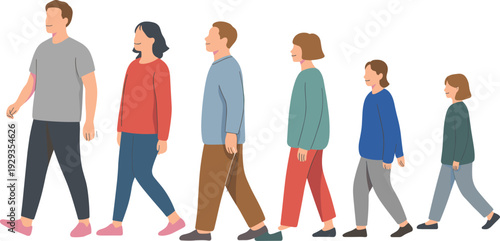 Six diverse individuals walking in sequence representing age progression, generational diversity, casual lifestyle, growth, motion, and family concept in vector