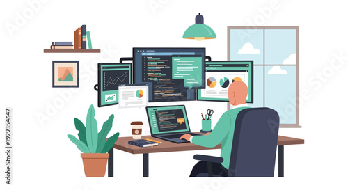 Software Developer Coding and Analyzing Data on Multi-Monitor Setup at Home Office