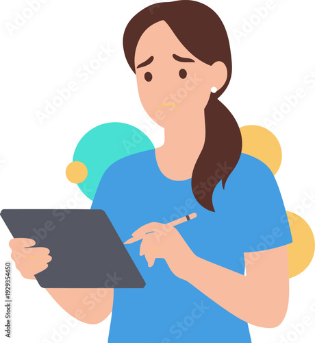 Unhappy woman holding tablet and pen discontented female.