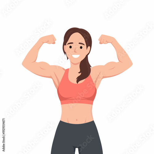 Strong woman flexing muscles cartoon character.