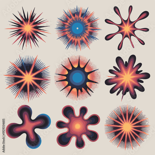Colorful abstract starbursts and ink blots collection with radial patterns and organic shapes
