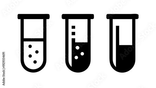 Chemical test tube pictogram icons set. Chemical lab equipment isolated on white. Experiment flasks for science experiment.