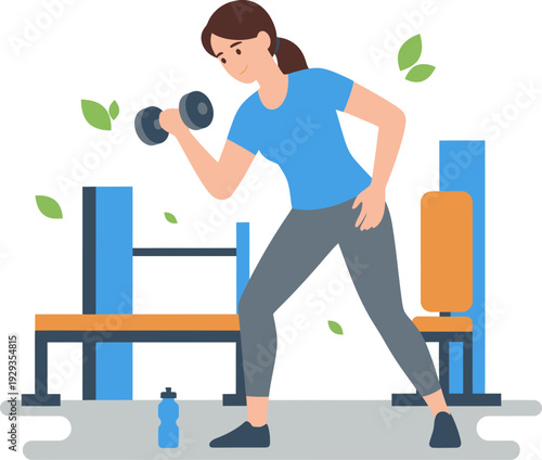 Woman exercising with dumbbell in gym.